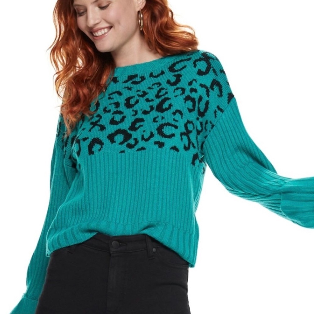 Nine West Sweater Small Turquoise Black Leopard Print Ribbed Knit Long Sleeve